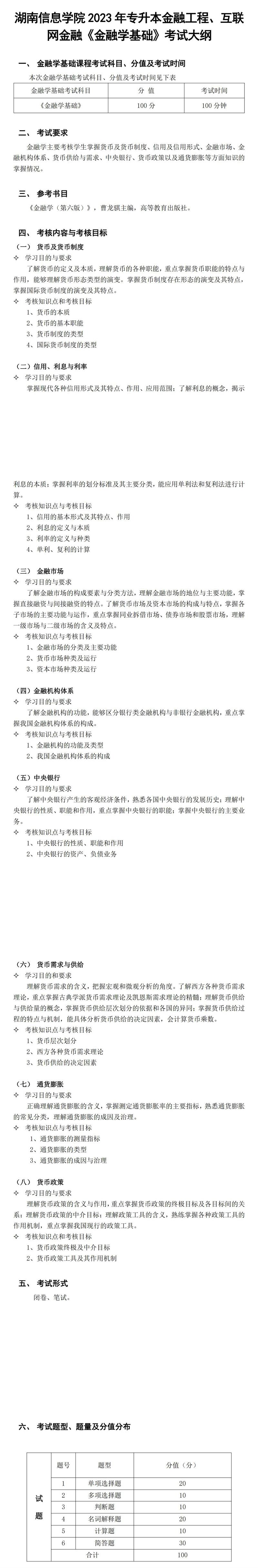 2023年湖南信息學院專升本互聯(lián)網(wǎng)金融專業(yè)《金融學基礎》考試大綱(圖1)